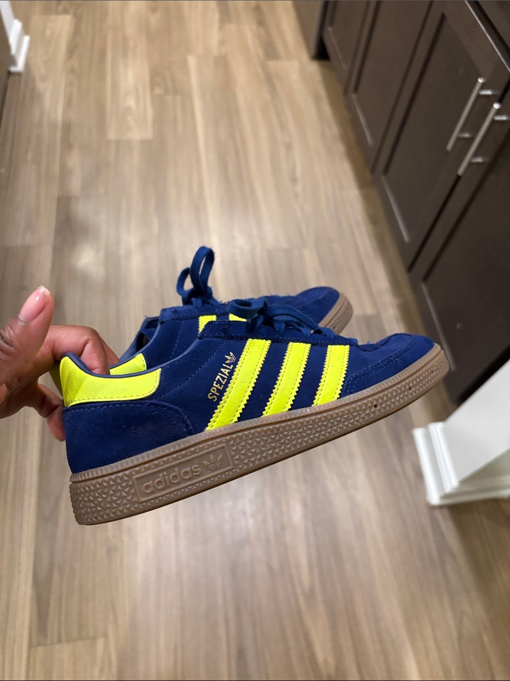 adidas Navy Suede Sneakers with Neon Yellow Stripes